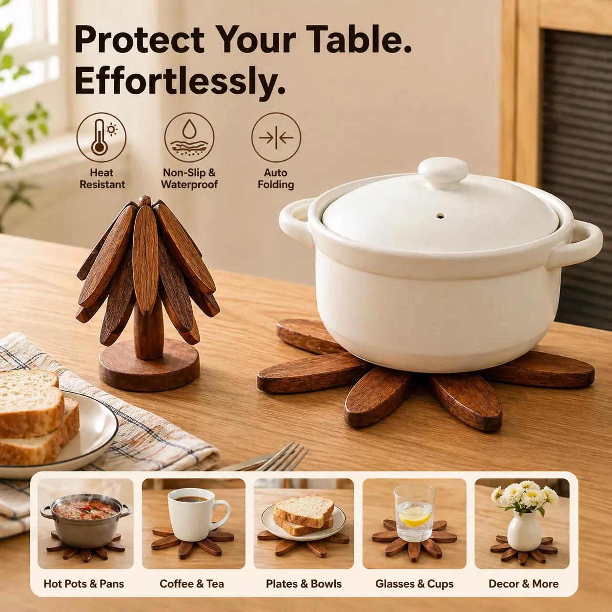 Wooden Coaster for Hot Dishes, Tree Shape Trivet Set, 4 Walnut Wood + 1 Stand stored Like a Christmas Tree,Foldable Kitchen Wooden Trivet,for Hot Dishes、Pot、Bowl、Teapot、Hot Pot Holder(Walnut Wood),decorative trivet,natural tree trivet, wood coaster