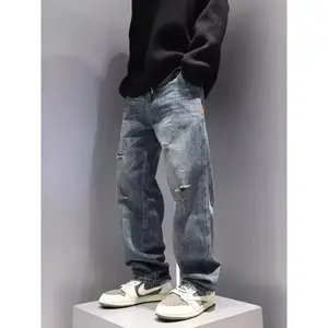 New Men's Ripped Jeans Baggy Straight Fashion Vintage Blue Denim Pants Personality Streetwear Hip Hop High Quality Male Trousers
