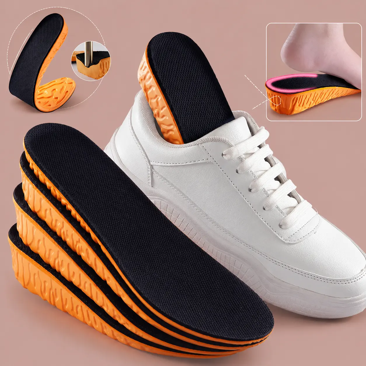 1.5-3.5cm Invisible Height Increase Sport Insoles Orange EVA Memory Foam Shoes Sole Pad Breathable Comfortable for Men Feet Care