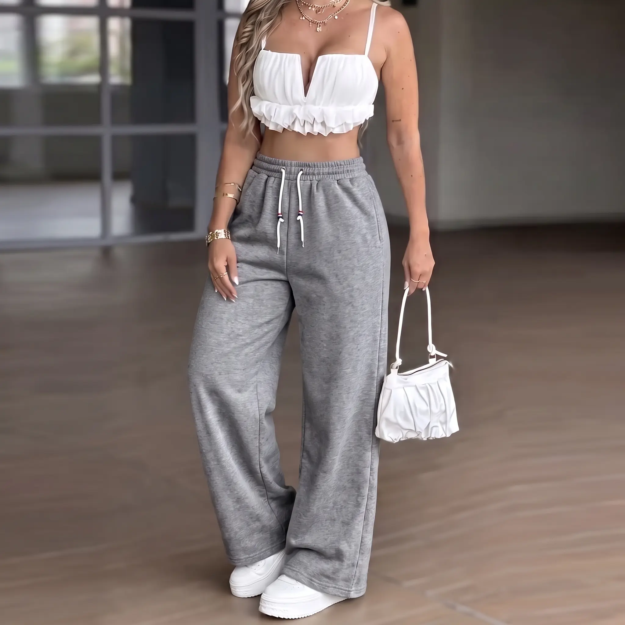 Clean Gent New Summer Women’s Casual Jogger Sweatpants — Drawstring Waist, Elastic Polyester Fabric, Solid Color, Machine Washable, Comfortable for All Seasons, Suitable for Holidays and Outdoor Activities, Great as a Gift