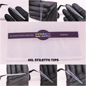 4XL Super Long Stiletto Nail Tips - Half-Cover - Box of 240 pcs - 10 sizes - Clear