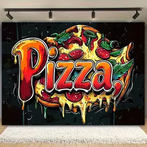 2D Flat Banner Polyester Photography Backdrop, HD Digitally Printed Soft Lightweight Foldable Machine Washable Pizza Graphic Design Background Cloth for Party Decor, Food Photography, Video Studio, Livestream, and Photo Booth Even