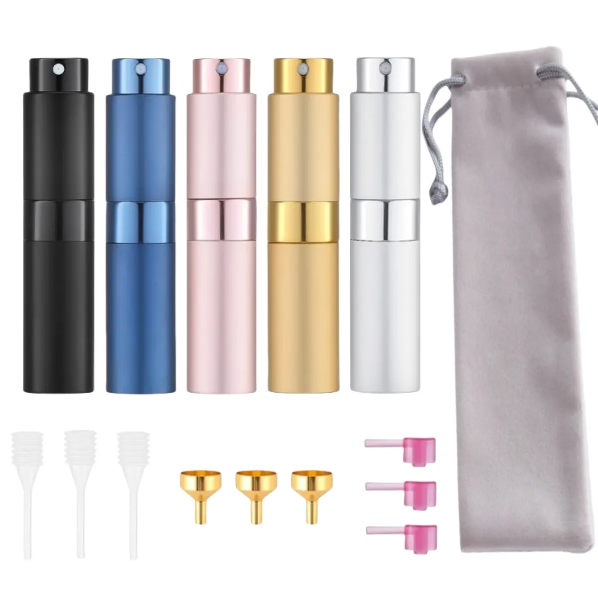5-Pack 8ml Compact Refillable Travel Perfume Atomizer Set for Dating, Waterproof Aluminum Pocket Sprayers with Leakproof Seal, Easy-Refill Mini Bottles, 5-Color Matte Nozzles, Funnel & Pipette (Cologne/Aftershave Refill Tools, Beauty & Personal Care), Wat