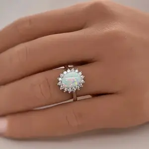 Oval Opal & CZ Halo Ring, Sterling Silver Plated Promise Ring, Simulated Fire Opal Engagement Ring, Princess Diana Inspired Statement Ring for Women