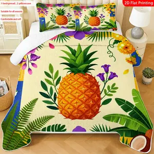 3 pcs, 2D flat print Tropical Pineapple Floral bed cover set with Palm Leaves & Hibiscus, multiple sizes available, bedding set, festive decorative bedding, ideal for bedroom décor(1 bedspread , 2 pillowcase)