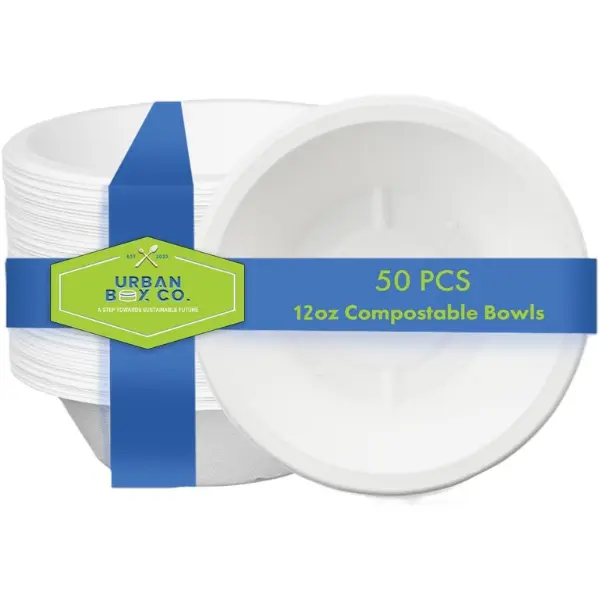 Urban Box Co. 12oz Compostable Paper Bowls, Premium Heavy-Duty Eco-Friendly Bagasse Bowl, Biodegradable & Heat-Resistant, Perfect for Hot & Cold Foods, Soups, Salads, Ice Cream, Snacks
