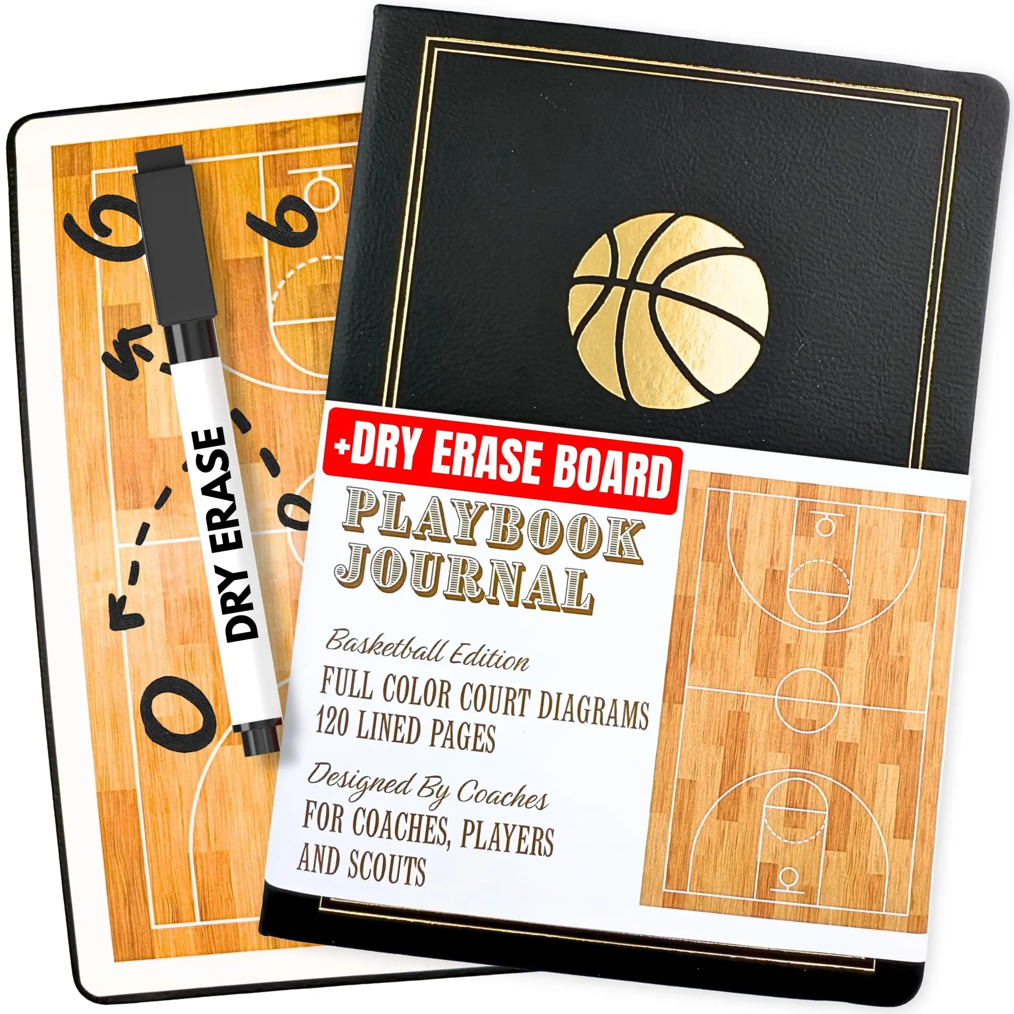 Basketball Coaching Board & Playbook Planner with Full-Court Dry Erase for Coaches and Players, Drills, Stats, Games Scorebook - Marker Included