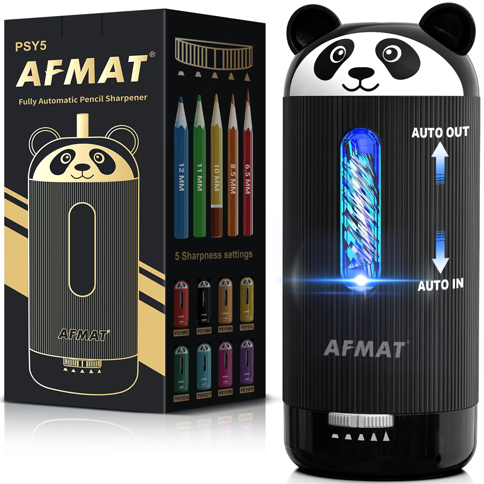 AFMAT Cute Panda Shape Aesthetic Electric Pencil Sharpener with Helical Blade, 5V2A Rechargeable Auto Feed-Eject Slot, Portable for Compact Artists Desk & Home, Sharpens Fast, Fits Most Pencils, Great Gift for School & Office, Black