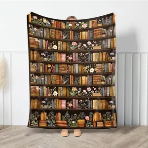 Vintage Bookshelf Library Throw Blanket, Cottagecore Book Wildlowers Blanket Gift For Book Lover Library Gift Floral Bookish Gift For Reader Blanket All-Season Home Bedroom Bed Sofa Picnic Cover  Family Friends and Chridren Perfect Gift Christmas Present