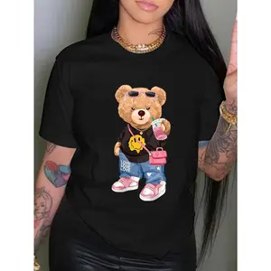 kawaii Little Bear Print T-shirt Short Sleeve Crew Neck Casual Top for Summer Spring Women's Clothing Shirt