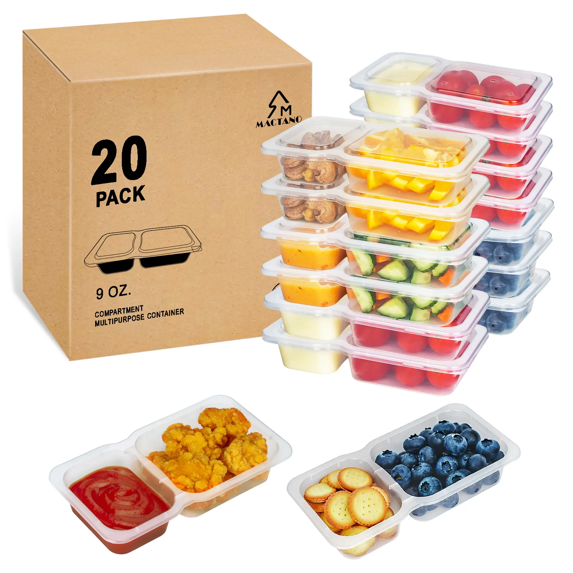 MACTANO Bigger Snack Container Reusable Snack Box with Lid, BPA-Free Double Compartment Plastic Container for Sauce Storage Bento Box Kitchen Utensils