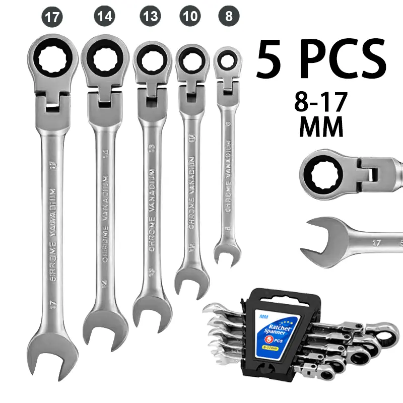5-Pcs Ratcheting Wrench Set with Rotating Head - Rust-Proof Chrome Vanadium Steel, Metric 8-17mm & SAE Sizes, Ratchet Action, Tightspace Reach, Automotive/DIY Maintenance Tool, Father's Day Gift Idea