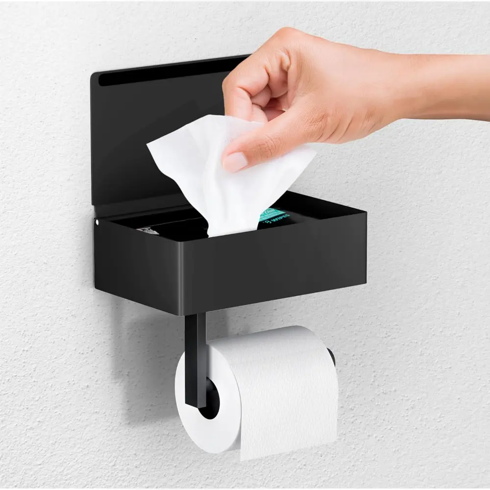 Matte Black Toilet Paper Holder with Shelf, Wipe Holder For Bathroom, Flushable Wipes Dispenser, Toilet Paper and Wipes Holder, Toilet Paper Holder with Storage