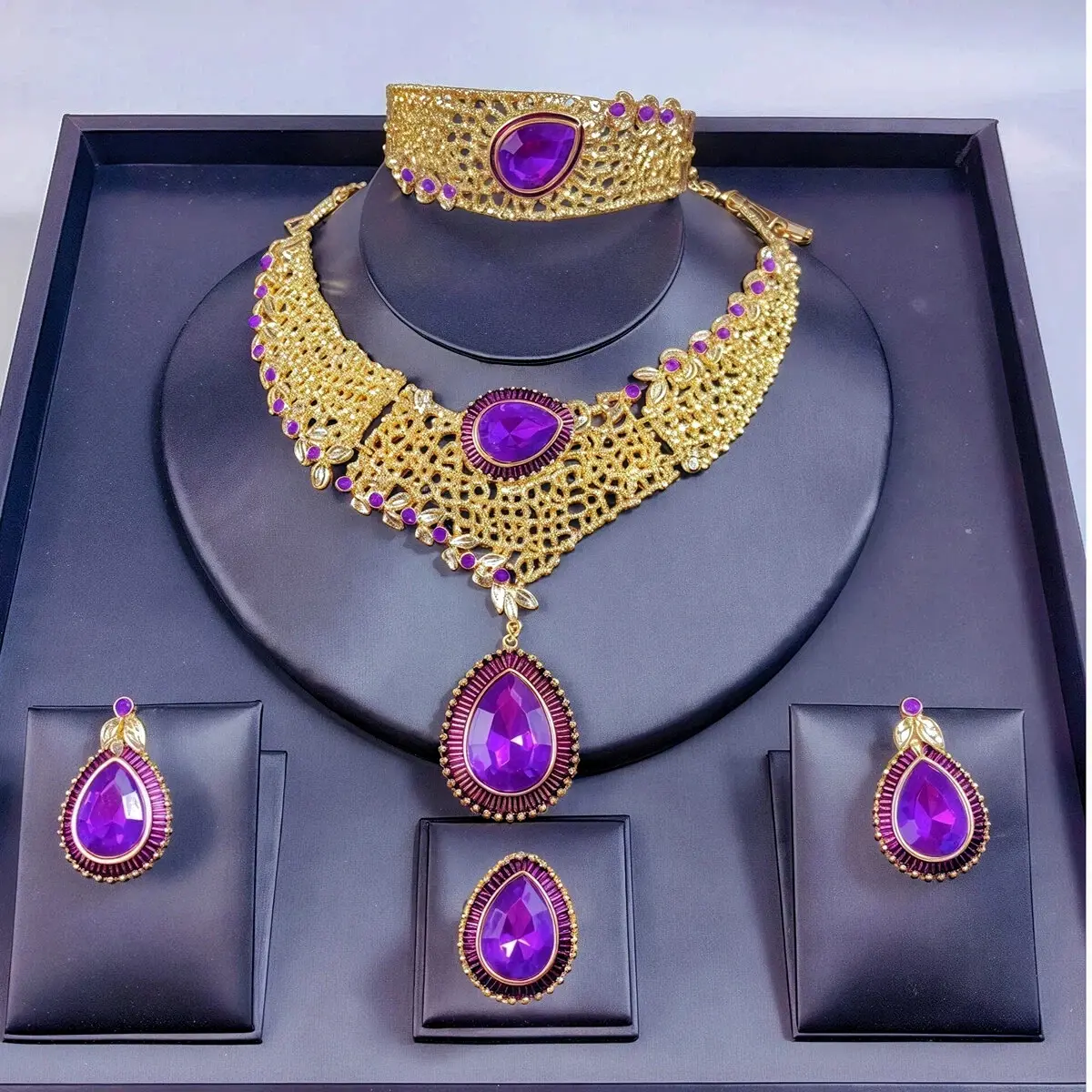 Women's LQ 4-Piece Gold-Plated Filigree Jewelry Set - Purple Crystal Gemstones Assortment, Necklace, Earrings, Bracelet, Ring - Hand-Finished Luxury Arm Candy Accessories with Modern Durability, Chic Bling Effect for Mother's Day, Weddings
