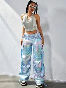 Y2K Holographic Laser Flap Pocket Side With Tape Drawstring Waist Wide Leg Parachute Cargo Pants Daily Casual Comfy Trousers Party Festival Spring