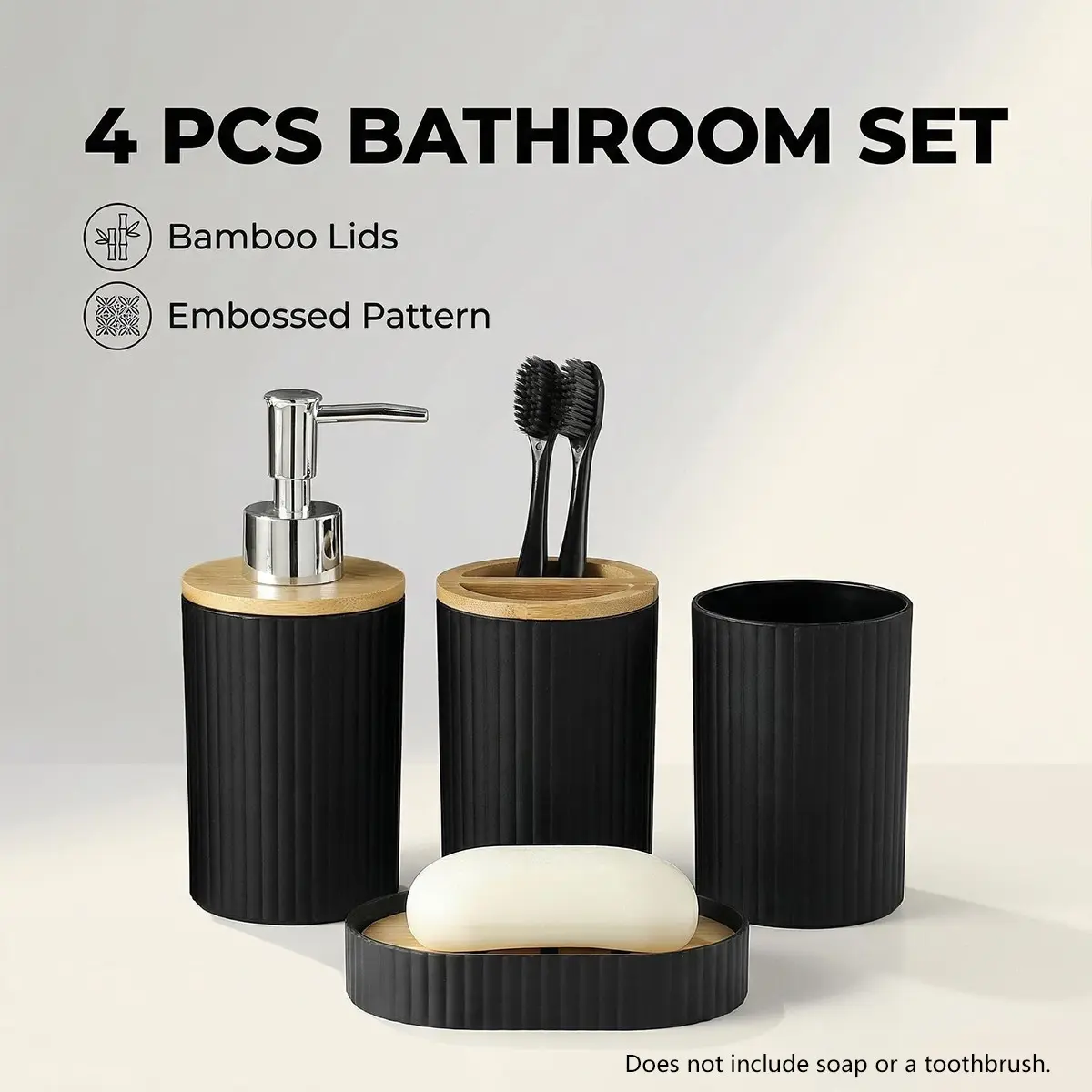 Bamboo Wood Stripe Round Cup Set 4 Piece, Toothbrush Holder, Soap Dish, Dispenser, Bathroom Storage, Bathroom Organization, Bathroom Accessories, Home Decor