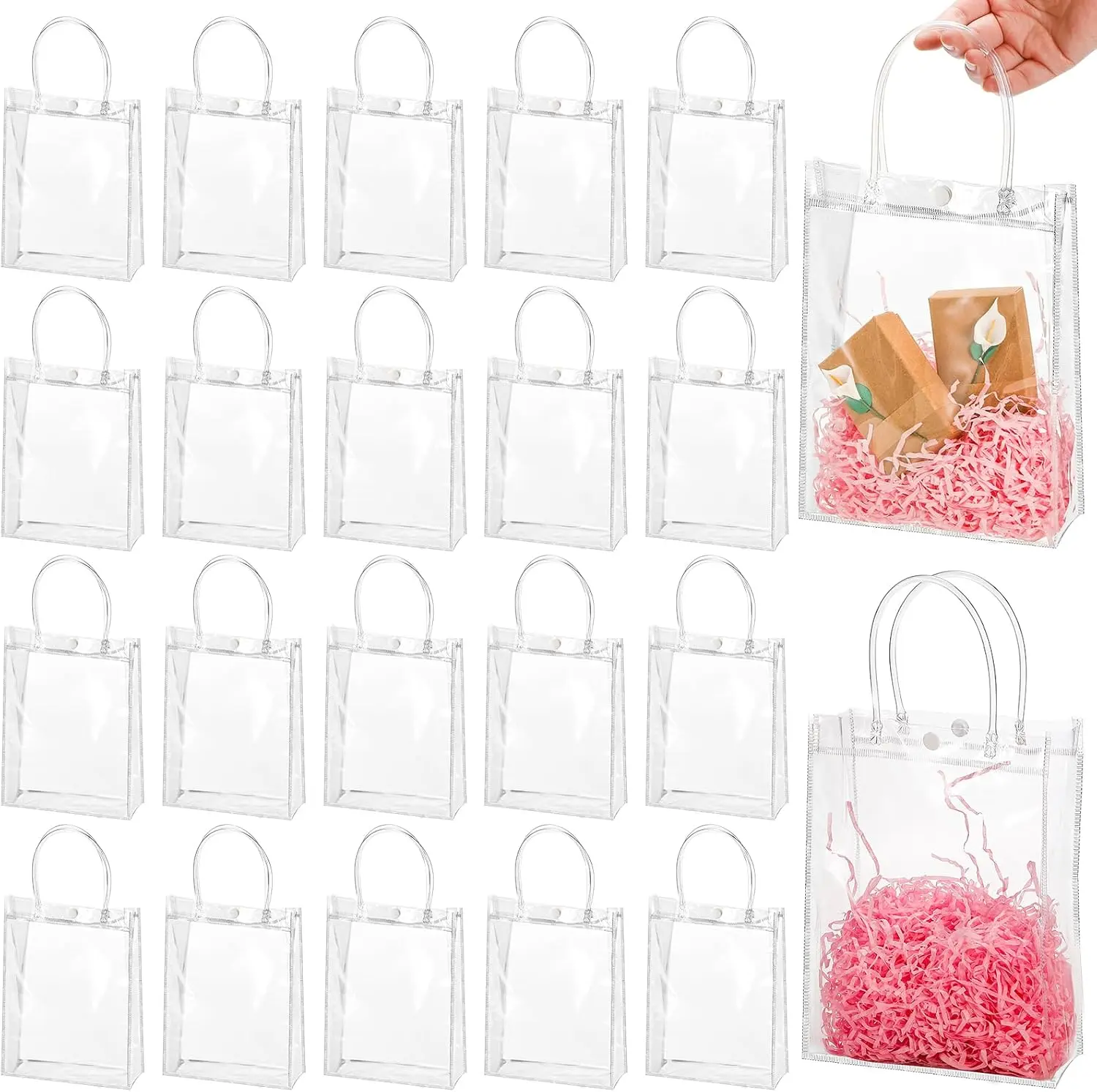 40 pcs transparent PVC hand-held gift bag with integrated handle and snap closure design, suitable for weddings, birthdays, parties or business souvenirs, used to hold wedding candies, small gifts, cosmetics or handmade soap