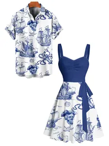 2025 Beach Couple Outfit Sailing Anchor Starfish Skulls Ocean Elements Pattern Ruched Bust Sweetheart Neck Belt A Line Mini Dress and Roll Up Sleeve Shirt Vacation Matching Outfit