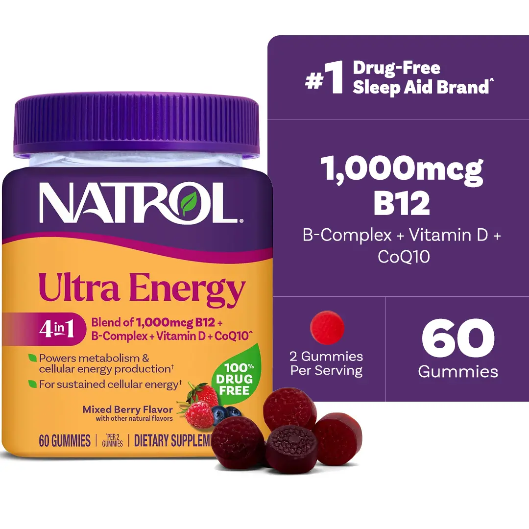 Natrol Ultra Energy 4-in-1 Natural Dietary Supplement Gummies, B12, B Complex, Vitamin D, CoQ10 (60 Count) - Vegetarian, Caffeine-Free, Mixed Berry Flavor - Supports Cellular Energy Production, Powers Metabolism, Edible