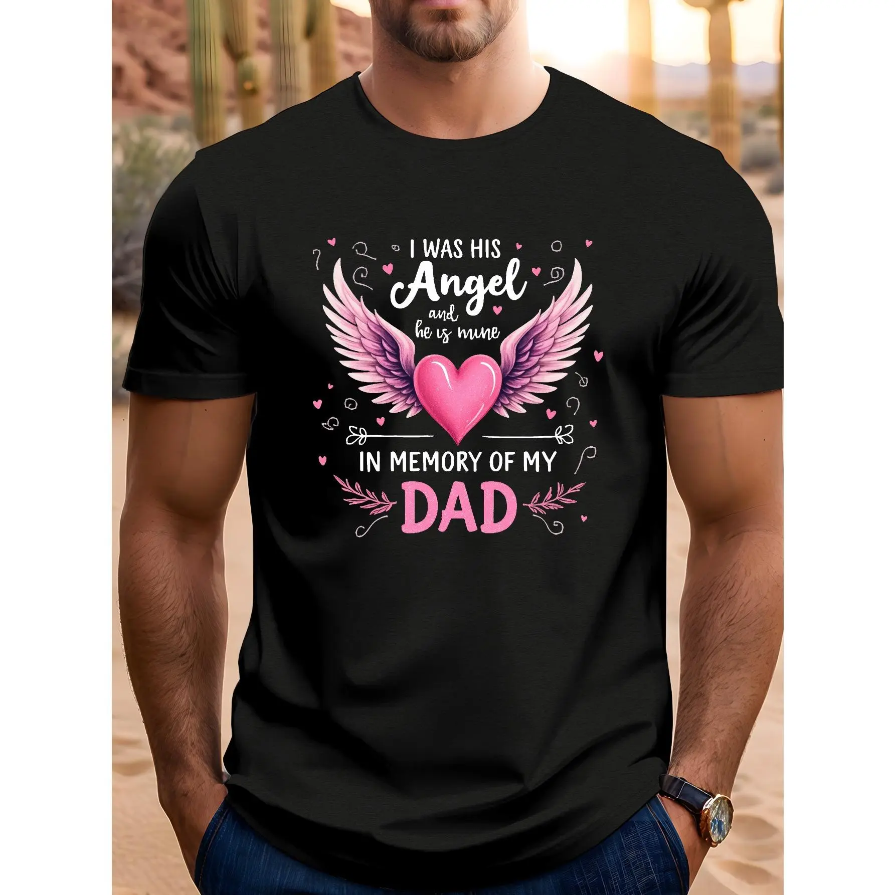 Men'S "In Memory of My Dad" Graphic T-Shirt - Casual Black Short Sleeve Tee with Angel Wings & Heart Design, Perfect for Summer Remembrance, Remembrance Clothing |     Playful Design |     Quality Print Design, Memorial T Shirts