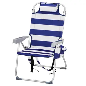 Tall Beach Chairs for Adults, 17" High Backpack Beach Chair with Wooden Armrests, 5 Positions Reclining Heavy Duty Chair with Large Cooler Pouch, Support to 350LBS Striped
