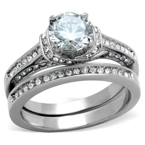 Lanyjewelry 1 Carat Round Cut Brilliant CZ Artificial Gemstone Ring - Women's Stainless Steel Solitaire Engagement & Wedding Ring Set, Hypoallergenic Non-Tarnish Jewelry, Round Cut Rings