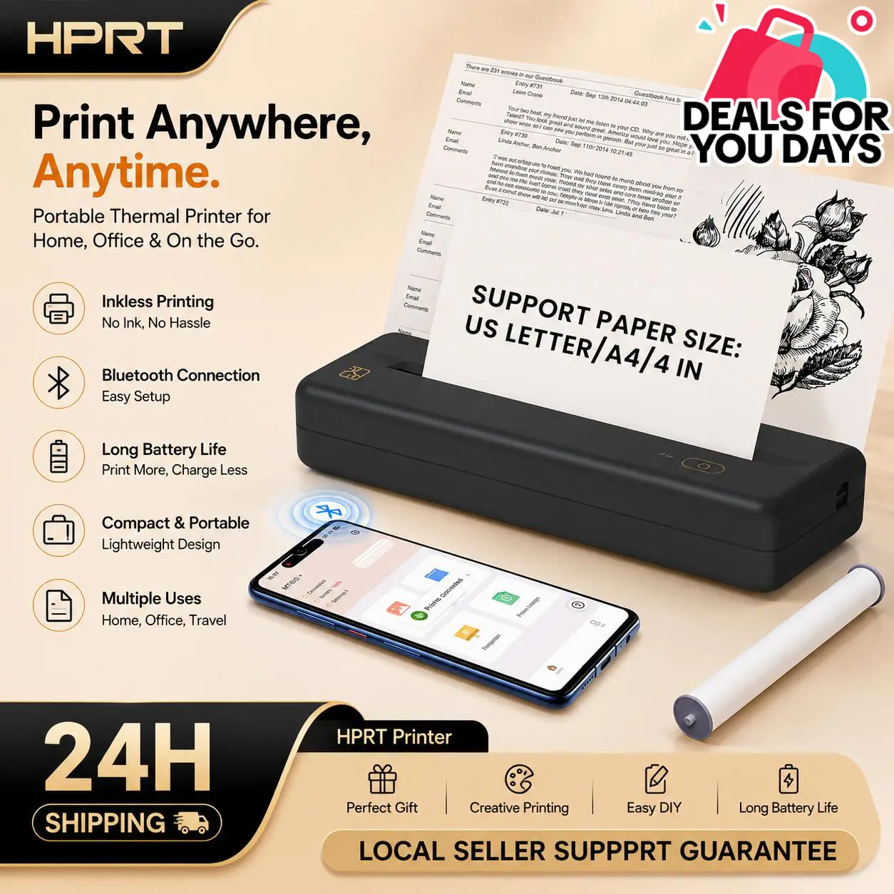 HPRT MT810 Portable Handheld Thermal Printer - Wireless Bluetooth Printer for Travel, Mobile Office, Portable Handheld Printer