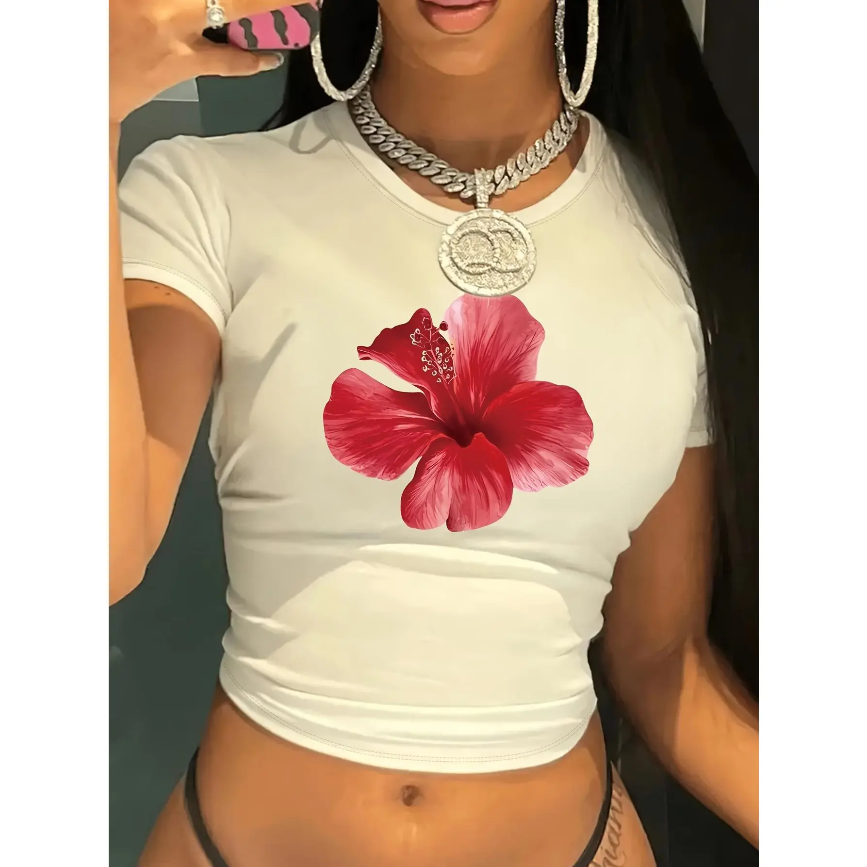 Flora, Casual And Simple Round Neck Printed Short Sleeve Tight-Fitting Crop Top Suitable for Summer, Women's
