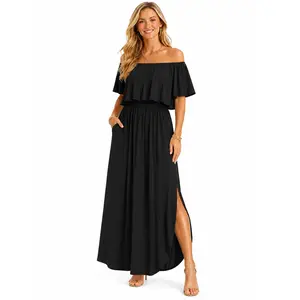 Women's Floral Off Shoulder Maxi Dress with Pockets, Ruffle Side Split Summer Beach Wedding Guest Dress