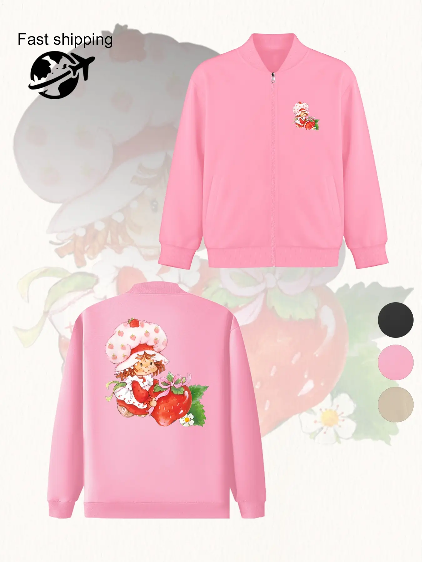 Women's Strawberry Shortcake Zipper Jacket, Casual Fitted Graphic Geometric Print Coat, Trendy Outerwear, Fashionable Outerwear for All Seasons, Durable Multifunctional Design