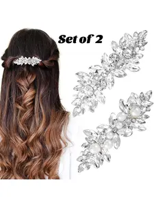 2pcs Elegant Rhinestone Hair Clips for Women, Non-Slip French Flower Bridal Hair Barrettes, Sparkle Crystal Pearl Hair Accessories, Exquisite Leaves Hairclips Jewelry, Strong Grip, long-lasting shine, for Wedding, Party, Prom Pageant, Bride, Hair Decor