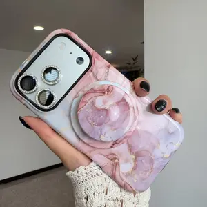 Magnetic Marble Phone Case with MagSafe White Holder for iPhone 17/16/15/14/13 Pro Max, Stylish Secure-Fit Protective Cover for Girls, Smartphone Cellphone Handheld Devices Accessories