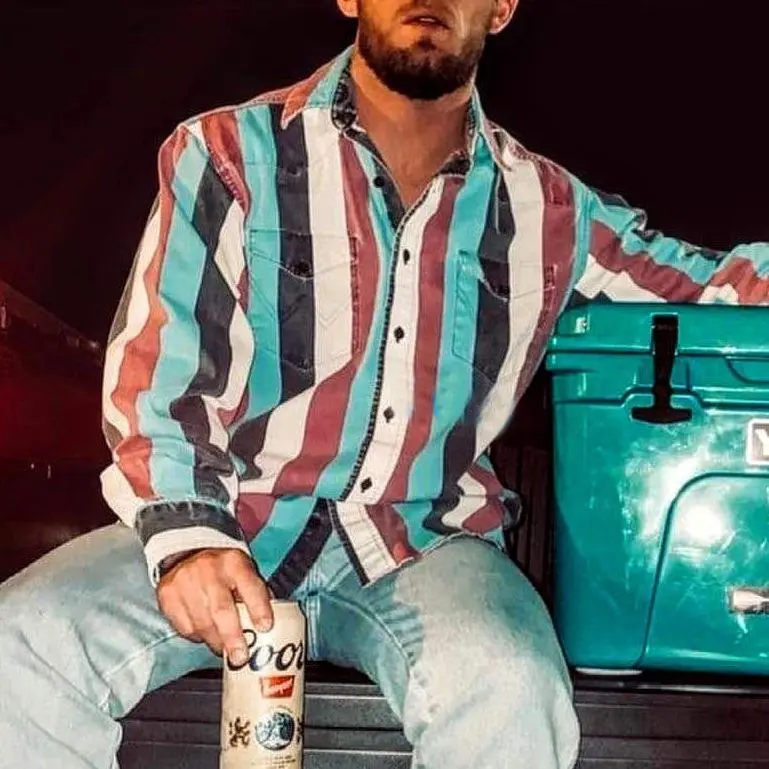 Men's Western Cowboy Style Retro Print Loose Long Sleeve Shirt Striped Casual Button Autumn Top Suitable for Streetwear Menswear