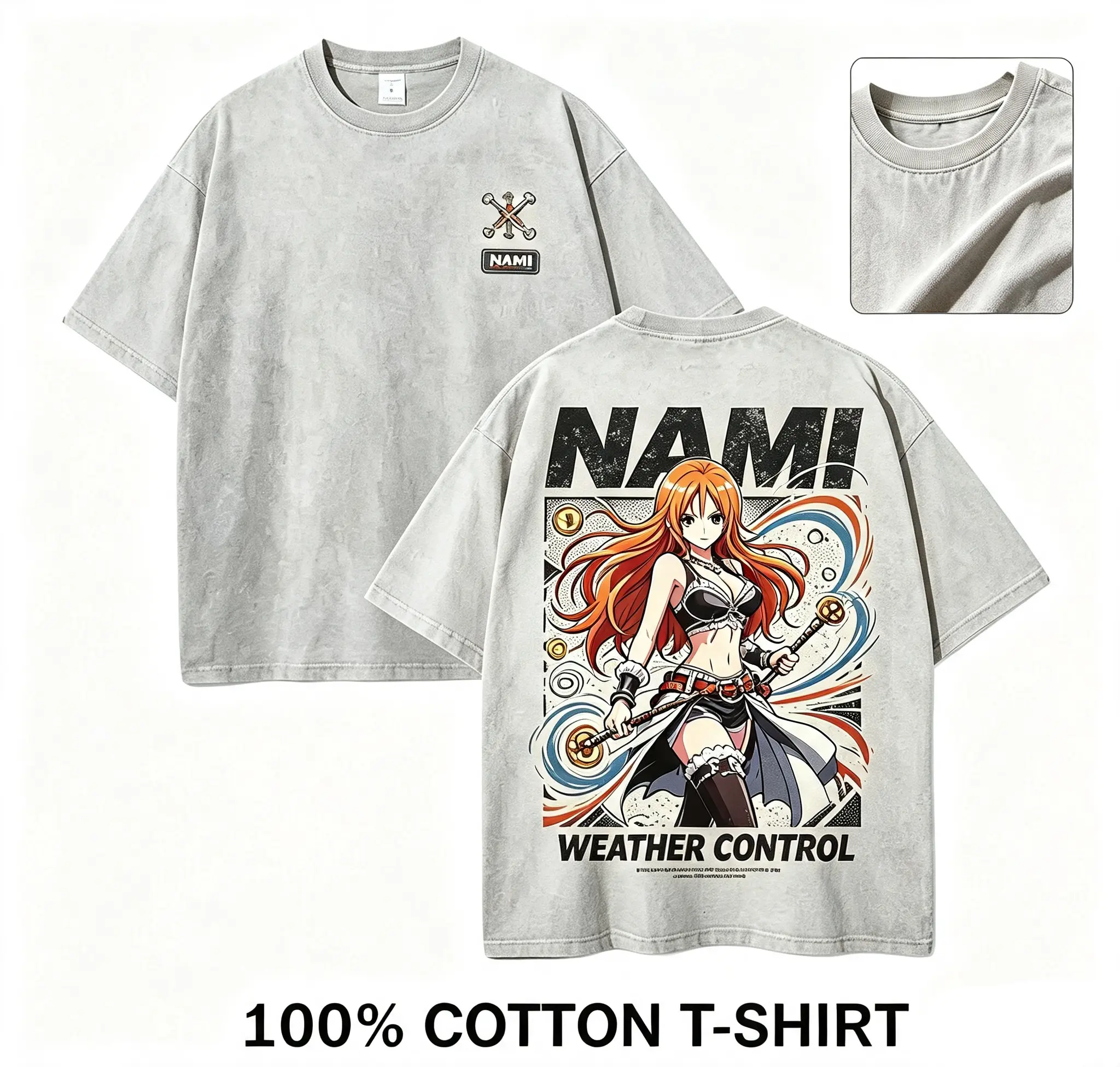Men's Retro Nami 100% Cotton Vintage Wash Oversized Unisex T-Shirt - Dual-Sided Anime Girl Print, 1-Piece Fan Apparel, Street Style Daily Top, Trendy Summer Streetwear Graphic Tee graphic tees vintage t shirts