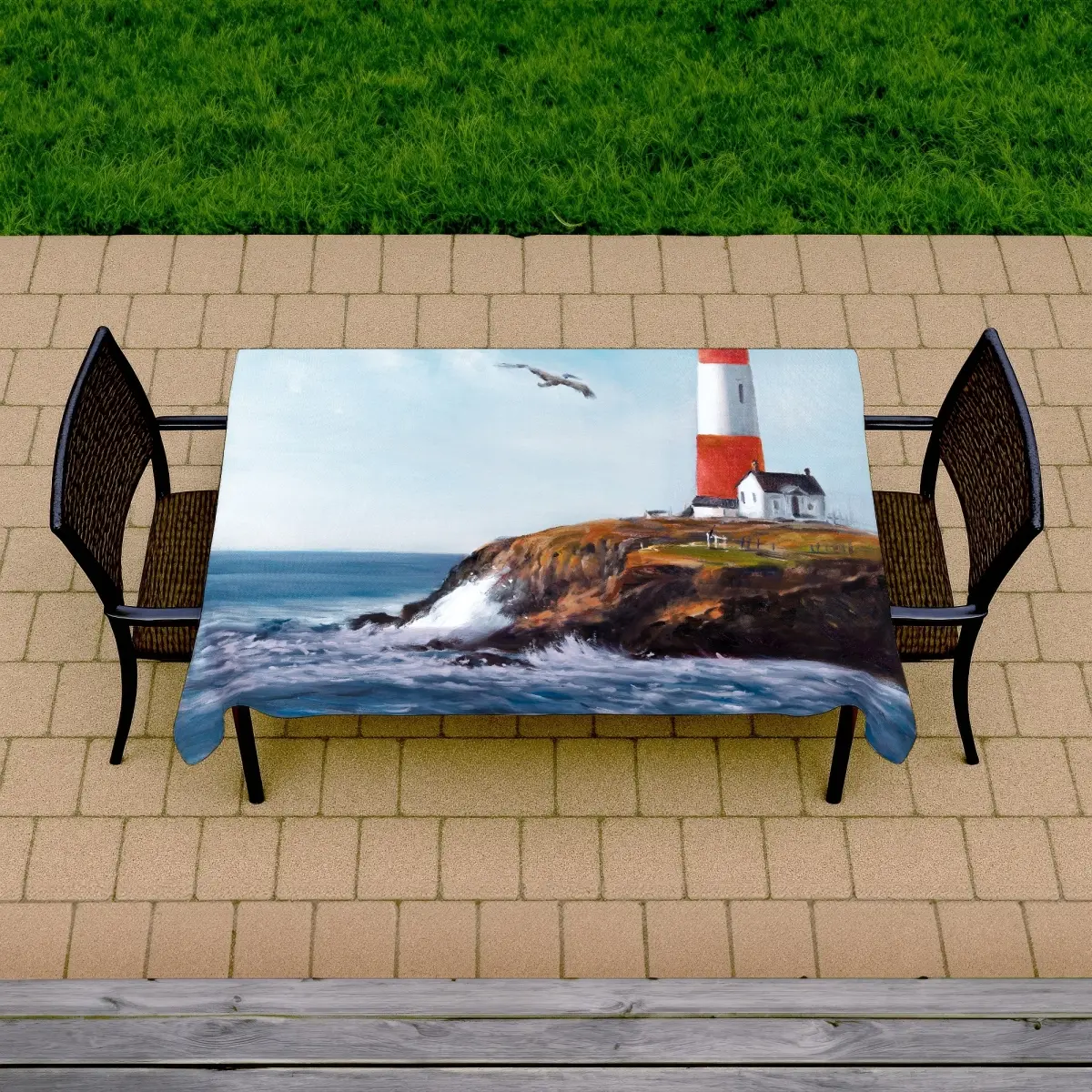 Begin Home Decor C1TCLRGE75DABO Rectangular Lighthouse Scene Tablecloth - Maritime Theme, 58x102 in, Spill-Resistant, Indoor-Outdoor Outdoor Table & Home Decor Accessory