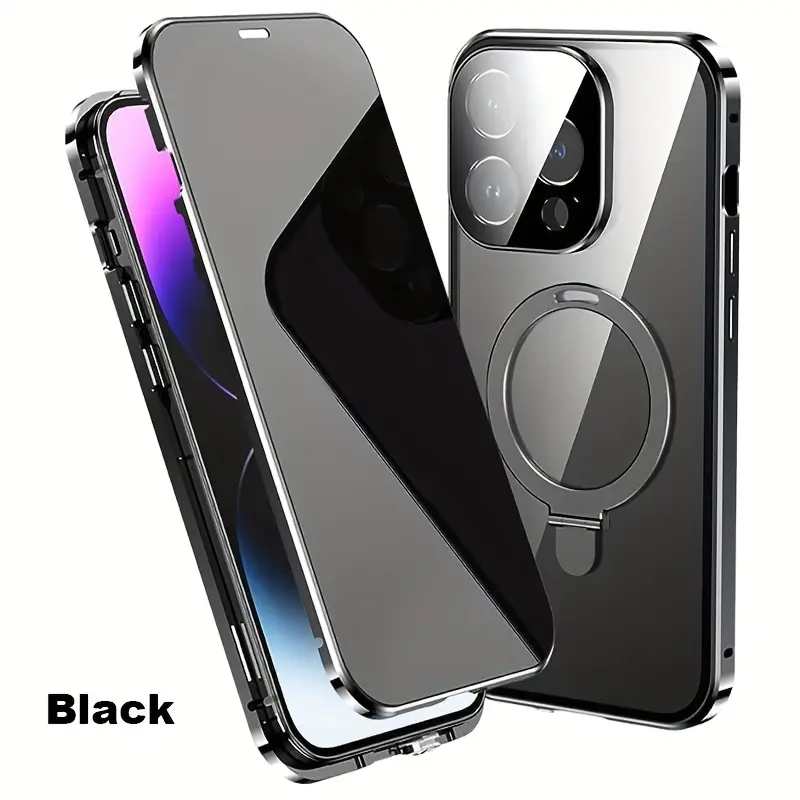 Magsafe-Compatible Rugged Protection Cellphone Case with Lockable Anti-Peep Tempered Glass Screen Protector, Magnetic Wireless Charging, Full Body Shockproof Metal Frame, Fold-Out Bracket - Accessories for iPhone 16 Plus/16/15/14/13/12 Pro Max