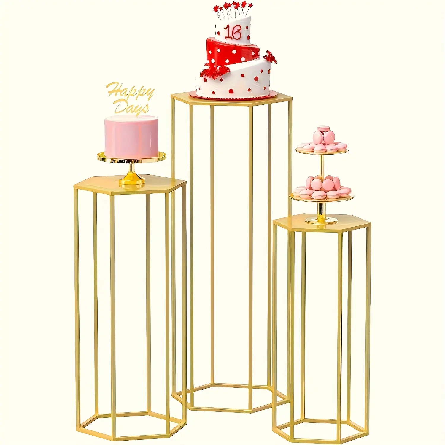 Set of 3 Iron Hexagon Base Round Cake Stand for Birthday Party Decoration, Floral Centerpiece for Weddings & Holidays like Christmas and Halloween,dorm essentials,home decor