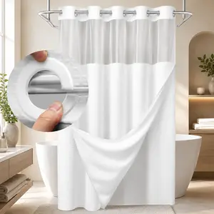 White No Hook Shower Curtain with Snap in Liner -grey Waffle-Pattern Shower Curtain Double Layer Shower Curtain -Fabric Waterproof Inner Liner,Bathroom Accessory for Home, Hotel, Salon & Dormitory Decor