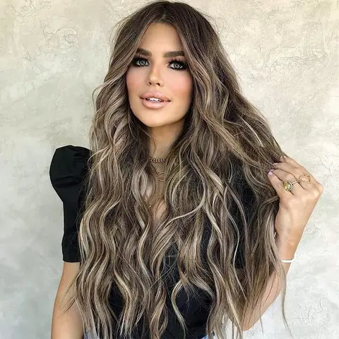 Women's 26-Inch Glueless Synthetic Full Machine Wig, Middle Part Wavy Ombre Ash Brown-Bleach Blonde, 3 Combs, Adjustable Straps, Natural Hair Replacement for Weddings, Daily Use, Heat Resistant Wig