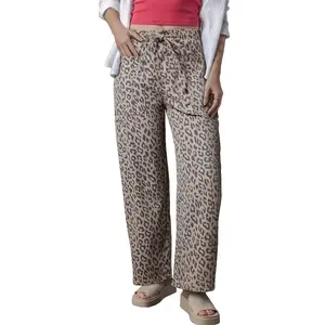 Mntaor Women’s Casual Khaki Leopard Print Wide-Leg Pants, Drawstring Waist Comfortable Pants with Pockets, Winter Outfit