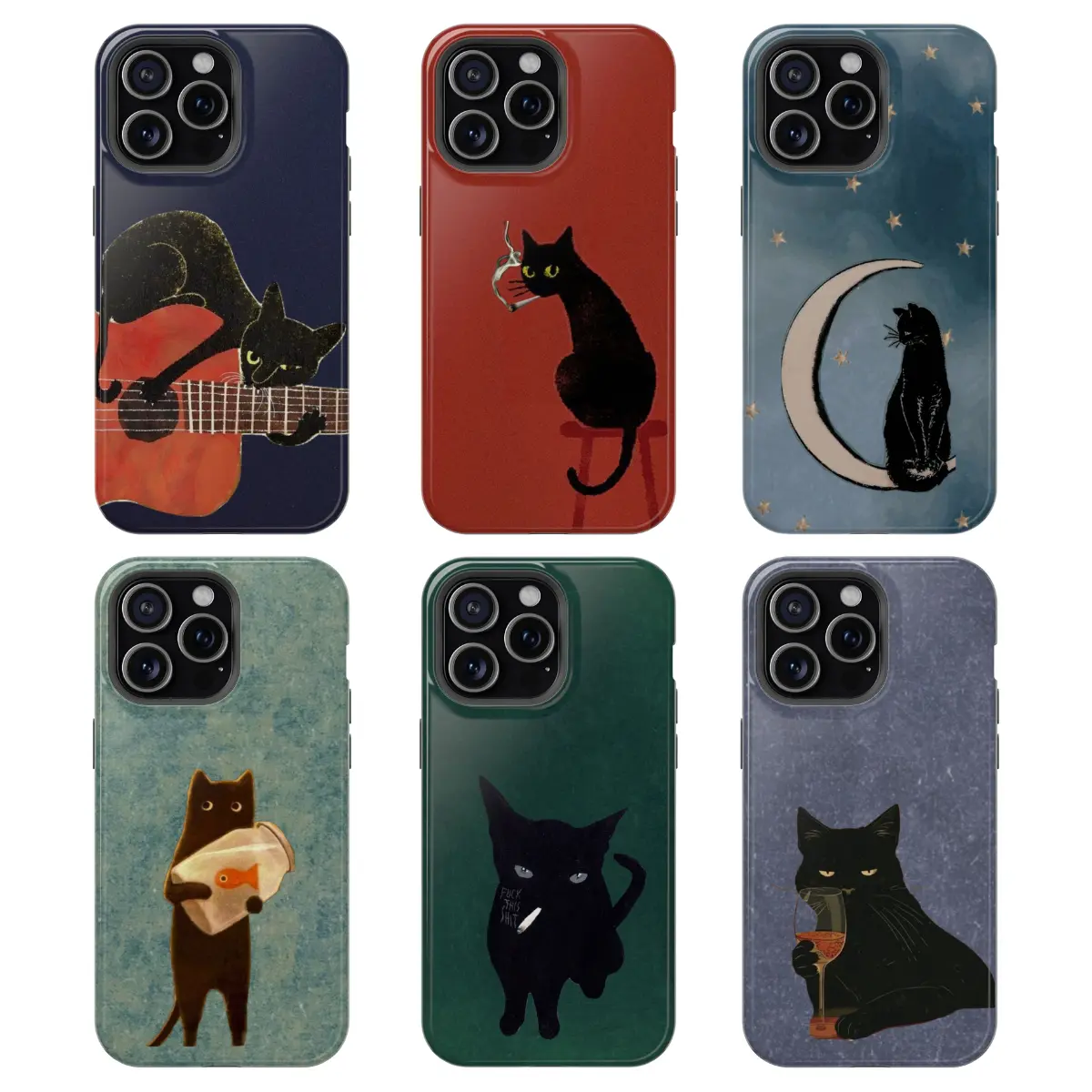 Vintage Black Cat Smartphone Case - Smoking Night Vibes Polycarbonate Casing, Shockproof Durable Protection, Wireless-Friendly, Full Wrap, Removable Padding, Multi-Model Phone Accessory for iPhone 11-17 Pro Max X XS, Galaxy S22-S26 Ultra, Lover Gift, Slim