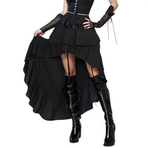 Gothic High Low Skirt for Women - A Line High Waist Black Layered Ruffled Skirts, Vampire Punk for 90s Beach and Ballroom