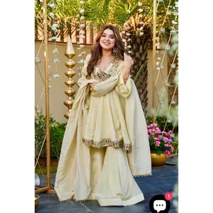 Cosmos Gold Zari Silk Sharara Set with Mirror Work Dupatta