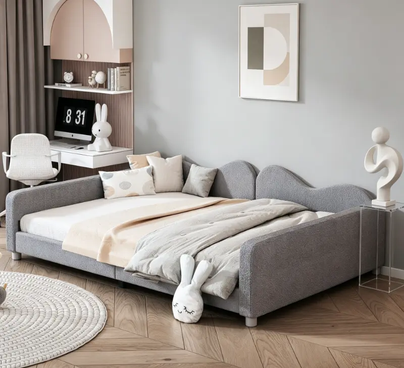 Cute Sturdy Full-Size Sherpa Upholstered Daybed Sofa Bed for Children's Bedroom, Cloud-Shaped Backrest, Box-Free Design, No Box Spring Required, Soft Sherpa