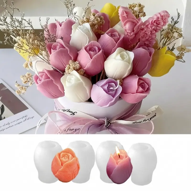 4-piece DIY Tulip Candle Mold Set, heat-resistant silicone flower mold, suitable for candle making, manual DIY, and holiday decoration, perfect for Mother's Day, DIY Kit