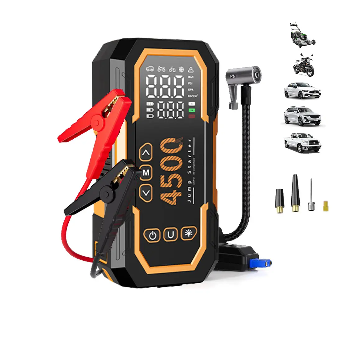 4500a Jump Starter for most 12V gas & diesel vehicles with a 150PSI digital air compressor, tire pressure monitor, 18W fast charging, LED light, smart jumper cables, air hose, storage bag & 4-in-1 cable. Roadside Emergency Kit. Automotive Aid Kit