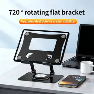 Flatbed tablet stand, adjustable height and 360-degree ro‐tatable carbon steel metal lazy person tablet stand, portable and stable.