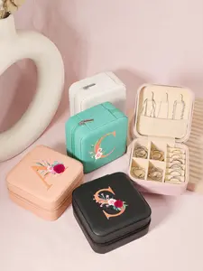 Initials Letter Pattern Jewelry Organizer Box, Multi-grid Travel Jewelry Storage Box, Portable Zipper Jewelry Organizer for Rings, Necklaces, and Earrings, Beauty Organizer