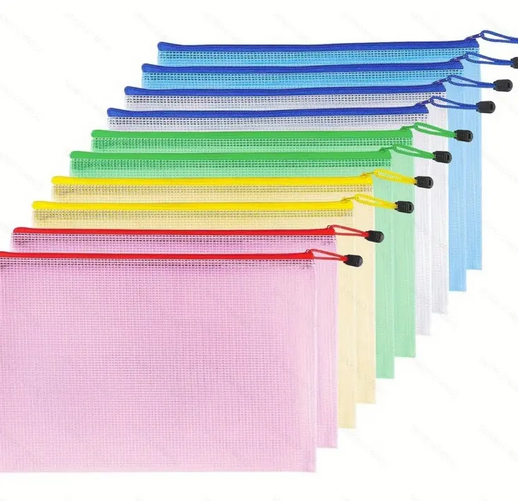 10-Pack A4 Waterproof Plastic Mesh Zipper File Bags, 13.4''x9.4'' Multicolored Office Stationery for Office, Board Game Storage