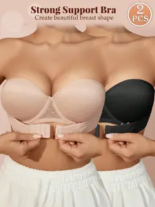 Ecomilky Women's 2-Pack Front Closure Bra Set - Comfortable Breathable Skin-Friendly Fabric, Detachable Straps, Strapless Style, Push Up, Enhance Bust Curve, Hand Wash Compatible